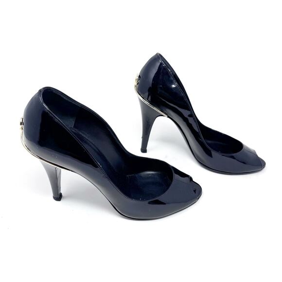 CHANEL Black Patent Leather Peep Toe Heels Pumps with Gold CC Logo Size EU 37 - Picture 6 of 12